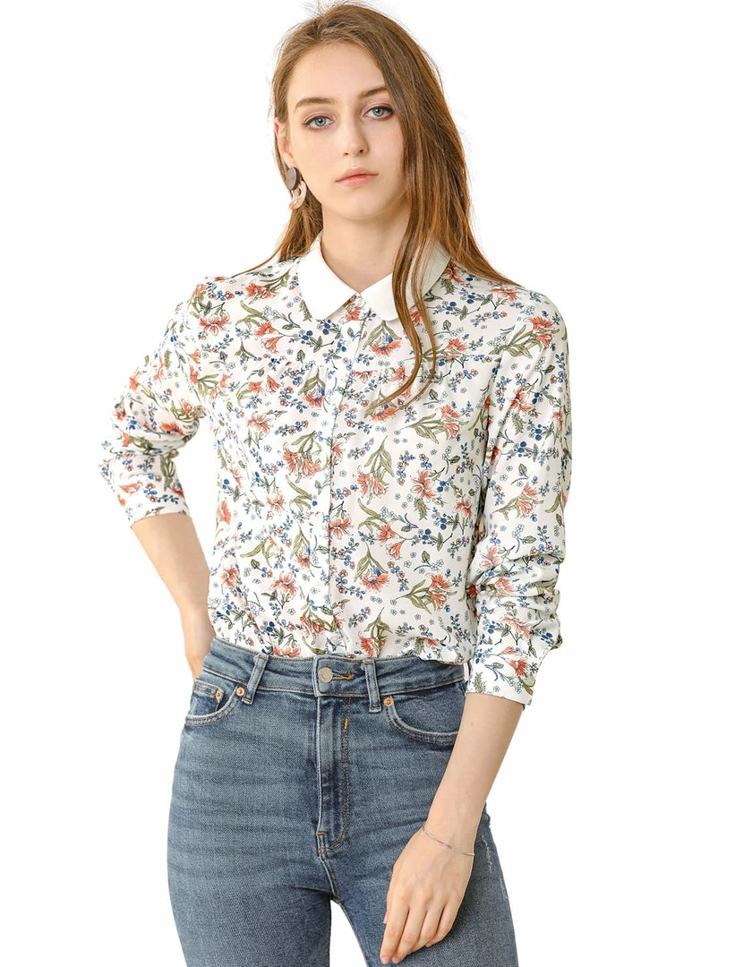 Allegra K Women's Floral Printed Button Down Shirt Contrast Collar Full Placket Long Sleeve Work Top Blouse 3 Allegra K Women's Floral Printed Button Down Shirt Contrast Collar Full Placket Long Sleeve Work Top Blouse