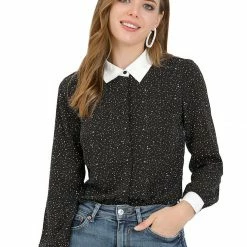 Allegra K Women's Dots Printed Point Collar Button Down Shirt Blouse