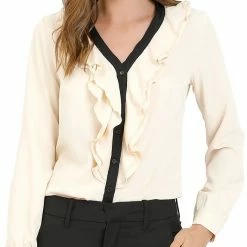 Allegra K Women's Elegant Ruffled Contrast Blouse Work Button Down Shirts