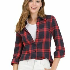 Allegra K Women's Button Down Collar Long Sleeve Top Plaid Shirt