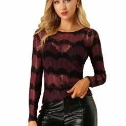 Allegra K Women's Lace Knit Blouse Round Neck Long Sleeve Chevron Sheer Fitted Top Shirt