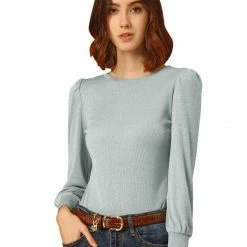 Allegra K Women's Metallic Sparkle Glitter Top Blouse Crew Neck Puff Long Sleeve Vintage Knit Shirt