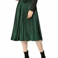 Allegra K Women's High Elastic Waist Velvet Pleated Swing Midi Skirt