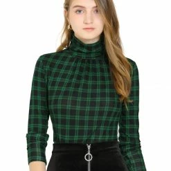 Allegra K Women's Turtleneck Long Sleeve Slim Plaid Shirt Blouse