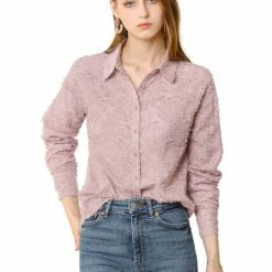 Allegra K Women's Textured Button Up Shirt Turn Down Collar Long Sleeve Work Top Blouse