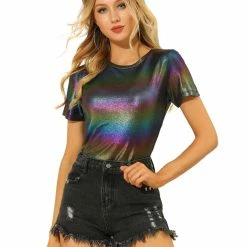 Allegra K Women's Party Metallic Textured Short Sleeve Shiny Multicolor Top