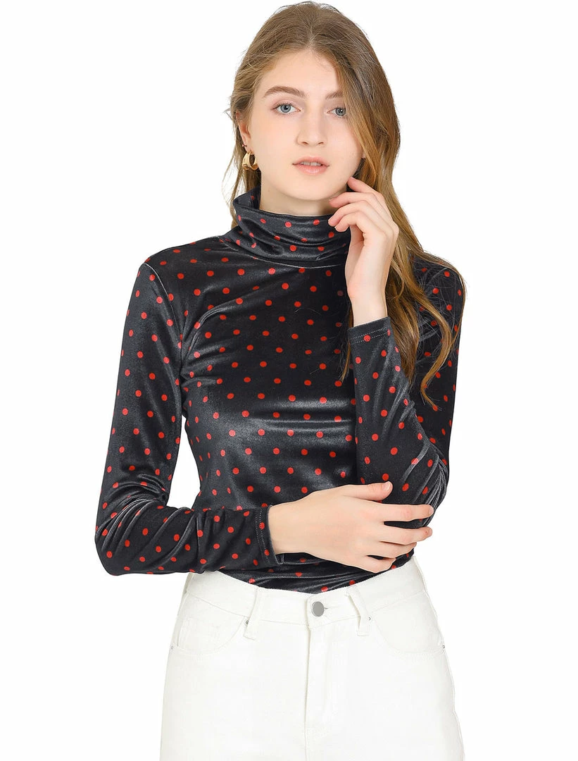 Allegra K Women's Polka Dots Turtle Neck Stretch Velvet Peasant Top 3 Allegra K Women's Polka Dots Turtle Neck Stretch Velvet Peasant Top