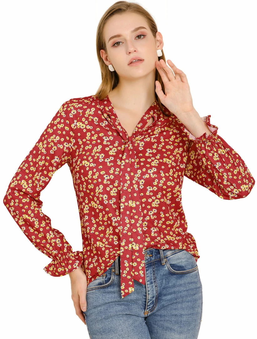 Allegra K Women's Casual Floral Blouse Tie Neckline Raglan Long Sleeves Tops 3 Allegra K Women's Casual Floral Blouse Tie Neckline Raglan Long Sleeves Tops