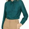 Allegra K Women's Ruffled Tie Neck Raglan Sleeve Button Up Office Shirt
