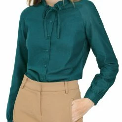 Allegra K Women's Ruffled Tie Neck Raglan Sleeve Button Up Office Shirt