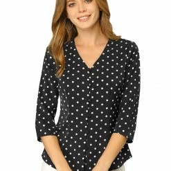 Allegra K Women's Polka Dots 3/4 Sleeve Casual Button Front Blouse Top