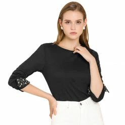 Allegra K Women's Round Neck Long Sleeve Animal Pattern Button Cuff Knit Top Blouse