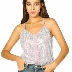 Allegra K Women's Sparkle Silver Sequin V Neck A-Line Piping Strap Camisole Top