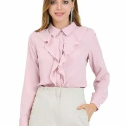 Allegra K Women's Elegant Work Office Button Down Long Sleeves Chiffon Ruffled Shirt Top