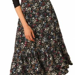 Allegra K Women's Printed Elastic Waist Tiered Ruffle Hem Flowy Midi Skirt