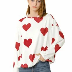 Allegra K Women's Heart Prints Casual Sweatshirt Crew Neck Long Sleeve Loose Top