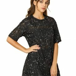 Allegra K Women's Metallic Star Tunic Ripped Top Round Neck Loose Short Sleeves Shirt Blouse