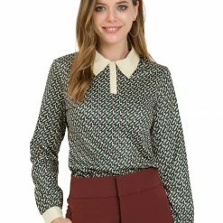 Allegra K Women's Geometric Button Down Shirt Long Sleeve Work Office Collar Tops Blouse