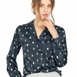 Allegra K Women's Satin Polka Dots Blouses Elegant Camp Collar Long Sleeve Button Up Shirt
