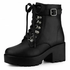 Allegra K Women's Zip Chunky Heel Platform Ankle Combat Boots Shoes
