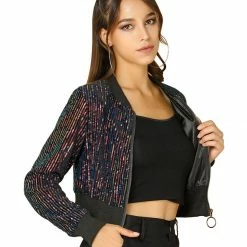 Allegra K Women's Sequin Sparkle Open Front Cardigan Coat Zipper Cropped Bomber Jacket