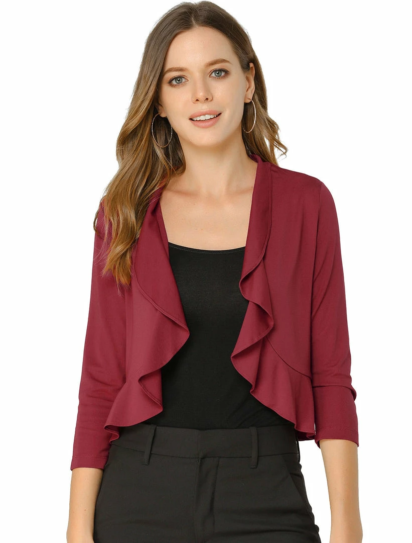 Allegra K Women's Casual Ruffle Neck Long Sleeve Cardigan Ruffled Hem Open Front Knit Short Shrug 3 Allegra K Women's Casual Ruffle Neck Long Sleeve Cardigan Ruffled Hem Open Front Knit Short Shrug