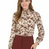 Allegra K Women's Ruffle Long Puff Sleeve Floral Print High Neck Top Blouse