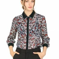 Allegra K Women's Floral Printed Button Up Contrast Color Long Sleeve Work Office Shirt Top