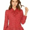 Allegra K Women's Floral Tie Bow Neck Button Down Ruffle Hem Blouse Shirt