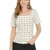 Allegra K Women's Square Neck Plaid Check Blouse Office Summer Short Sleeve Shirt Top