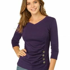 Allegra K Women's V Neck 3/4 Sleeves Solid Knitted Buttons Decor Ruched Top