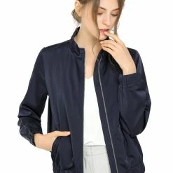 Allegra K Women's Ligheweight Stand Collar Pockets Full Zip Jacket