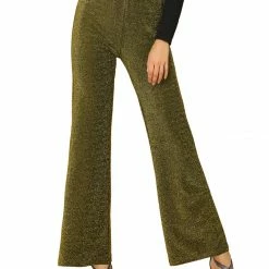 Allegra K Women's Sparkle Metallic Glitter Gold Elastic Waist Knitted Pants
