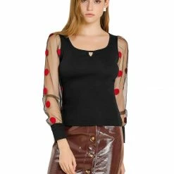 Allegra K Women's Puff Sleeve Sheer Elegant Polka Dots Blouse Top