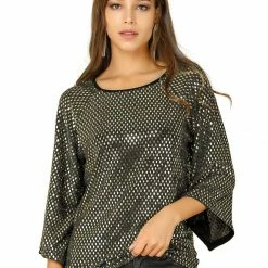 Allegra K Women's Sparkle Sequin Embellishment Tunic 3/4 Kimono Sleeve Casual Loose Knit Top