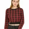 Allegra K Women's Plaid Round Neck Crop Top Long Sleeve Ribbed Sweatshirt