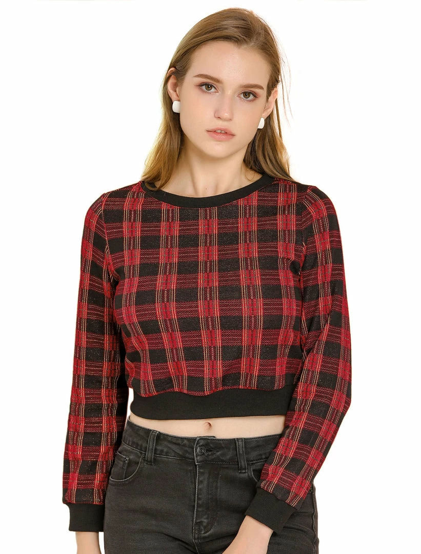 Allegra K Women's Plaid Round Neck Crop Top Long Sleeve Ribbed Sweatshirt 3 Allegra K Women's Plaid Round Neck Crop Top Long Sleeve Ribbed Sweatshirt