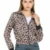 Allegra K Women's Turn-Down Collar Zip Up Elastic Hem Printed Short Bomber Jacket