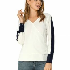 Allegra K Women's Chiffon Work Office V Neck Contrast Piping Loose Faux Wrap Top Blouse