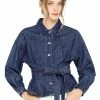 Allegra K Women's Long Sleeve Turn Down Collar Drop Shoulder Tie Waist Belted Button Up Denim Jacket