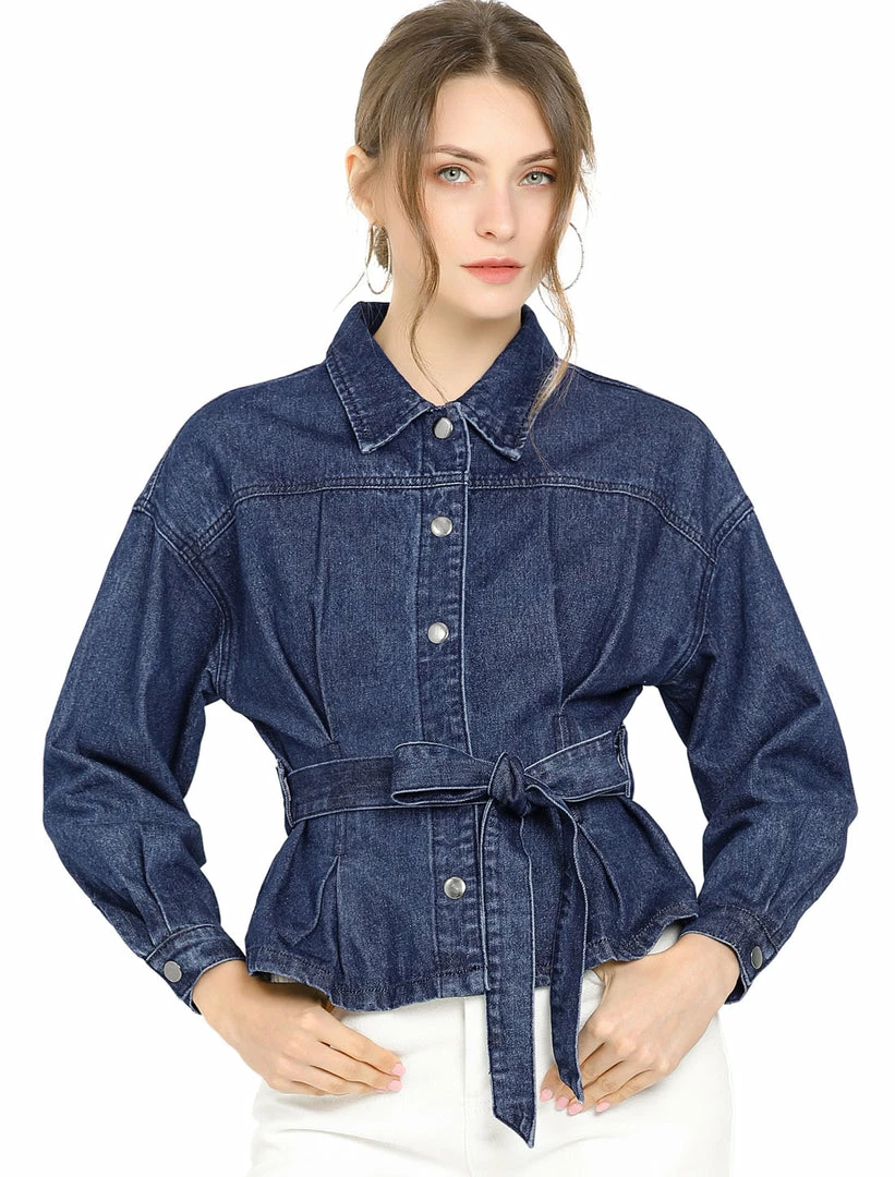 Allegra K Women's Long Sleeve Turn Down Collar Drop Shoulder Tie Waist Belted Button Up Denim Jacket 3 Allegra K Women's Long Sleeve Turn Down Collar Drop Shoulder Tie Waist Belted Button Up Denim Jacket