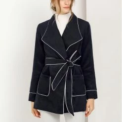 Allegra K Women's Pea Wool Shawl Collar Tie Belt Wrap Winter Coat