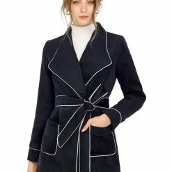 Allegra K Women's Pea Wool Shawl Collar Tie Belt Wrap Winter Coat