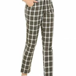 Allegra K Women's Plaid Ankle Pants Tartan Check Elastic High Waist Work Office Trousers