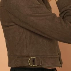 Allegra K Women's Casual Faux Suede Notched Collar Button Up Cropped Jacket With Pockets