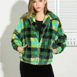 Allegra K Women's Winter Zip Pocket Plaid Teddy Jacket Oversize Faux Fur Fluffy Short Coat