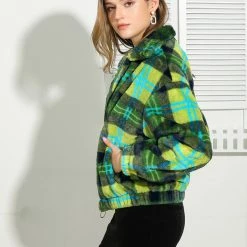 Allegra K Women's Winter Zip Pocket Plaid Teddy Jacket Oversize Faux Fur Fluffy Short Coat