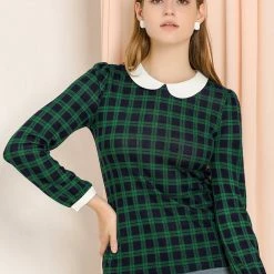 Allegra K Women's Peter Pan Collar Contrast Puff Sleeve Plaid Shirt Blouse