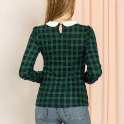 Allegra K Women's Peter Pan Collar Contrast Puff Sleeve Plaid Shirt Blouse