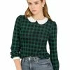 Allegra K Women's Peter Pan Collar Contrast Puff Sleeve Plaid Shirt Blouse